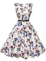 Blue Rose Print Hightlight Black and White Floral Dress With Belt