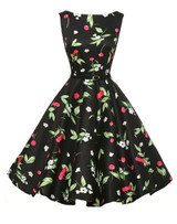 Cherry Print Design Black and White Floral Dress With Belt