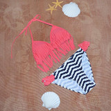 Red Striped Tassel Halter Neck Plunging Neckline Two Piece Swimwear