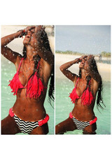 Red Striped Tassel Halter Neck Plunging Neckline Two Piece Swimwear