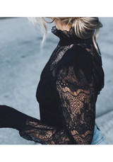 Black Patchwork Lace Band Collar Long Sleeve Fashion Blouse