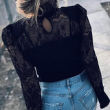 Black Patchwork Lace Band Collar Long Sleeve Fashion Blouse