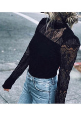 Black Patchwork Lace Band Collar Long Sleeve Fashion Blouse