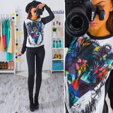 Black Animal Print Round Neck Long Sleeve Casual Sweatshirt