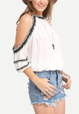 White Patchwork Cut Out Lace Round Neck Blouse
