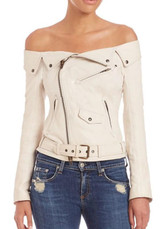 White Zipper Pockets Off Shoulder Boat Neck Fashion Jacket Coat
