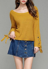 Yellow Drawstring Round Neck Long Sleeve Pullover Sweater