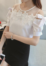 White Patchwork Lace Grenadine Bow Round Neck Sweet Blouse