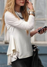 Beige Patchwork Irregular Draped Round Neck Long Sleeve Blouse