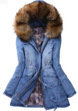 Blue Patchwork Fur Collar Pockets Drawstring Long Sleeve Denim Parka Coat