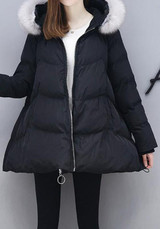 Black Pockets Fur Zipper Long Sleeve Hooded Fashion Coat