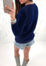 Sapphire Blue Beading Round Neck Long Sleeve Fashion Pullover Sweater Sapphire Blue Beading Round Neck Long Sleeve Fashion Pullover Sweater