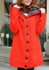 Red Patchwork Single Breasted Long Sleeve Hooded Cardigan Sweater Coat