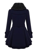 Navy Blue Sashes Pleated Double Breasted Peplum Long Sleeve Faux Fur Wool Coat