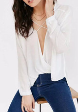 White Plain Irregular Draped Lace-up Cross Front Oversized Casual Blouse