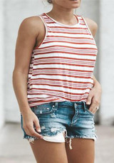 White Red Striped Irregular Round Neck Sleeveless Vest