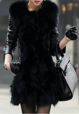 Black Patchwork Faux Fur Turndown Collar Single Breasted Pockets Elegant Cardigan Coat