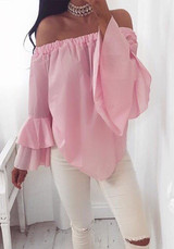 Pink Irregular Ruffle Boat Neck Long Sleeve Blouse