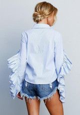 Blue-White Striped Ruffle Single Breasted Long Sleeve Turndown Collar Fashion Blouse