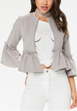 Grey Ruffle Round Neck Three Quarter Length Sleeve Casual Coat