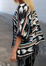 Black Geometric Print Tassel Fashion Cardigan Coat