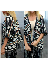 Black Geometric Print Tassel Fashion Cardigan Coat