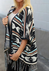 Black Geometric Print Tassel Fashion Cardigan Coat