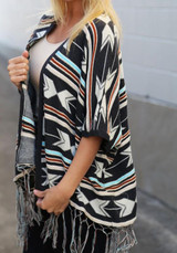 Black Geometric Print Tassel Fashion Cardigan Coat