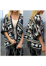 Black Geometric Print Tassel Fashion Cardigan Coat