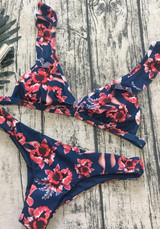 Blue Floral Studded Ruffle 2-in-1 V-neck Fashion Swimwear