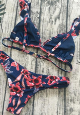Blue Floral Studded Ruffle 2-in-1 V-neck Fashion Swimwear