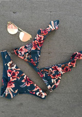Blue Floral Studded Ruffle 2-in-1 V-neck Fashion Swimwear