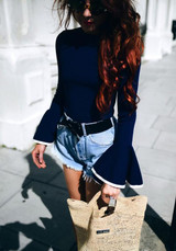 Sapphire Blue Patchwork Round Neck Flutter Sleeve Slim Fashion Blouse