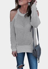 Grey Cut Out Sleeve Knitted Casual Going out Pullover Sweater