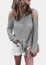 Grey Cut Out Sleeve Knitted Casual Going out Pullover Sweater