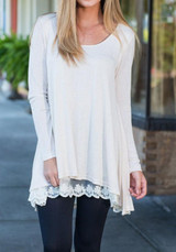 White Patchwork Irregular Lace Round Neck Long Sleeve T-Shirt White Patchwork Irregular Lace Round Neck Long Sleeve T-Shirt