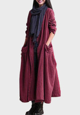 Red Pockets Plunging Neckline No Button Long Sleeve Cardigan Coat