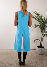 Blue Plain Irregular Zipper Slit Round Neck Fashion Vest
