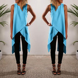 Blue Plain Irregular Zipper Slit Round Neck Fashion Vest