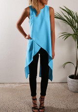 Blue Plain Irregular Zipper Slit Round Neck Fashion Vest