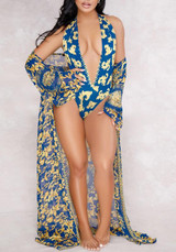 Blue Floral Cut Out Two-piece Halter Neck Sheer Long Sleeve Bikini Swimwear
