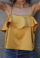 Yellow Spaghetti Strap Falbala Open Back Off-Shoulder Vest