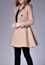Camel Plain Pockets Double Breasted Band Collar Peplum Peacoat Trench Coat