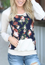 Apricot Floral Print Pockets Round Neck Casual Pullover Sweatshirt