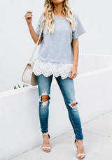 Grey Patchwork Cut Out Round Neck Fashion T-Shirt