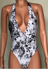 White Floral Tie Back Plunging Neckline Fashion Swimwear