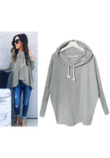Grey Irregular Drawstring Hooded Long Sleeve Casual Pullover Sweatshirt