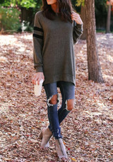 Black Grey Striped Print Round Neck Long Sleeve Casual T-Shirt