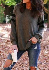 Black Grey Striped Print Round Neck Long Sleeve Casual T-Shirt