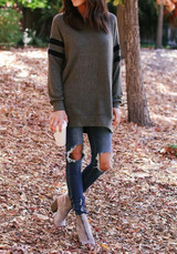 Black Grey Striped Print Round Neck Long Sleeve Casual T-Shirt